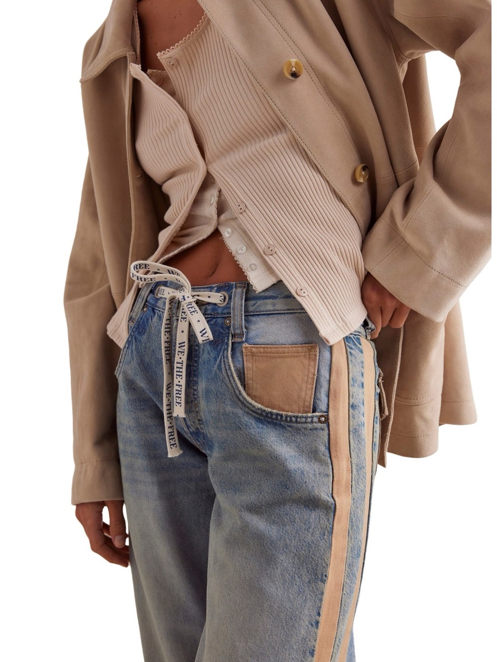 We The Free Zambi Slouchy Boyfriend Jeans in Faded Blue with Tan Stripes - Picture 4 of 16